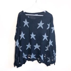 Black Grey Star Distressed Raw Ripped Hem Sweater